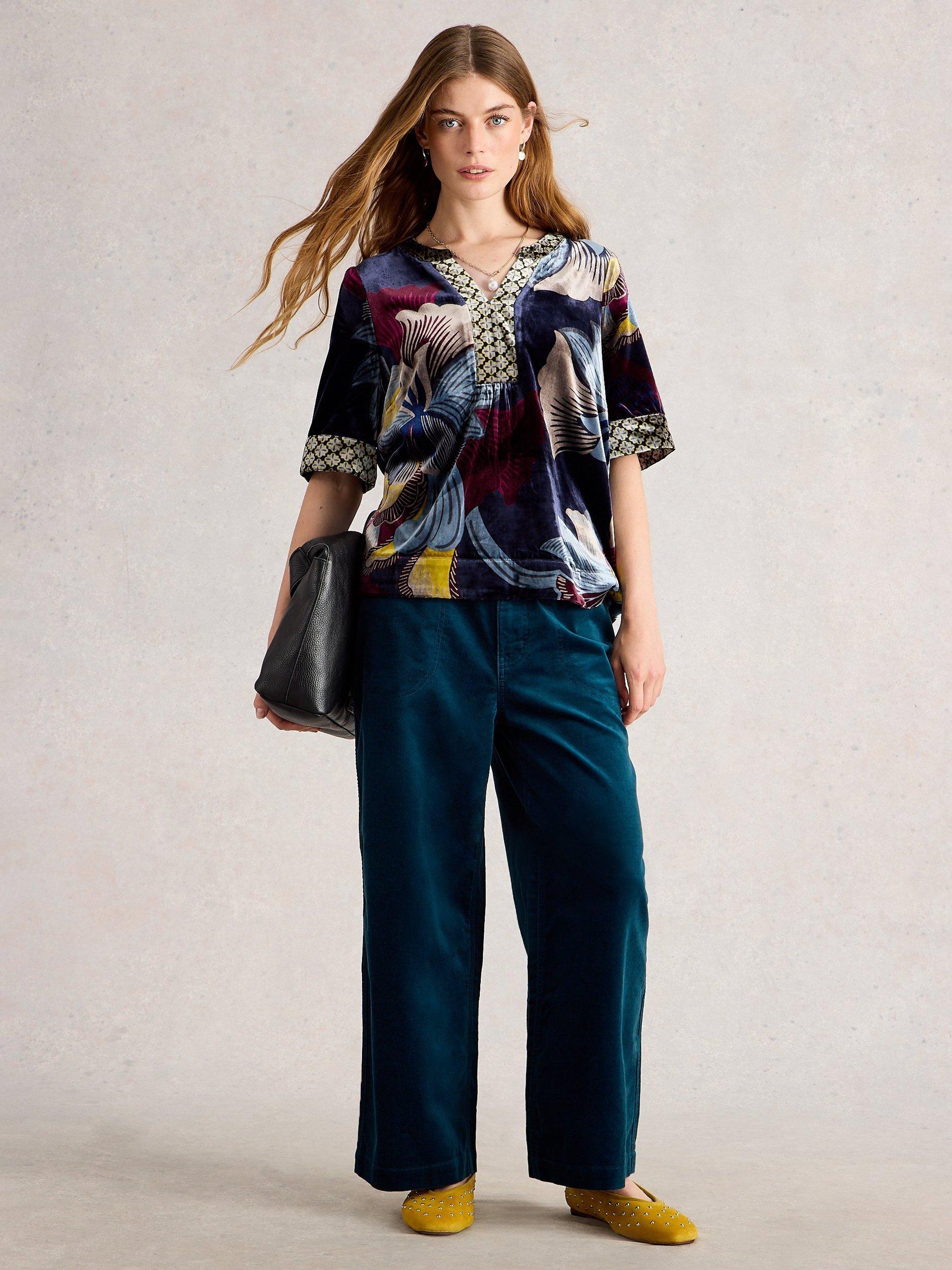 Product image 1 of 6, which shows White Stuff Ash Floral Swirl Print Velvet Top , Navy/Multi, 8