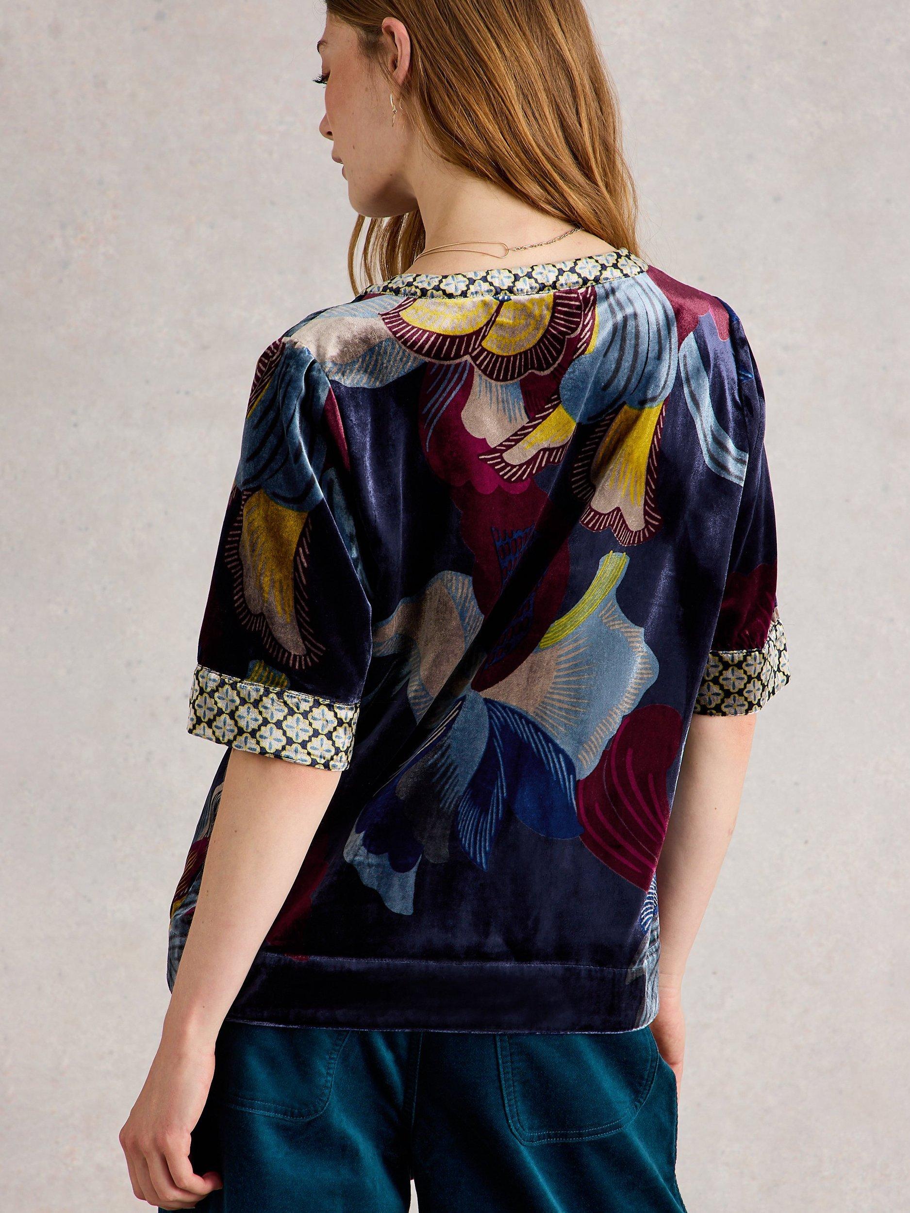 Product image 2 of 6, which shows White Stuff Ash Floral Swirl Print Velvet Top , Navy/Multi, 8