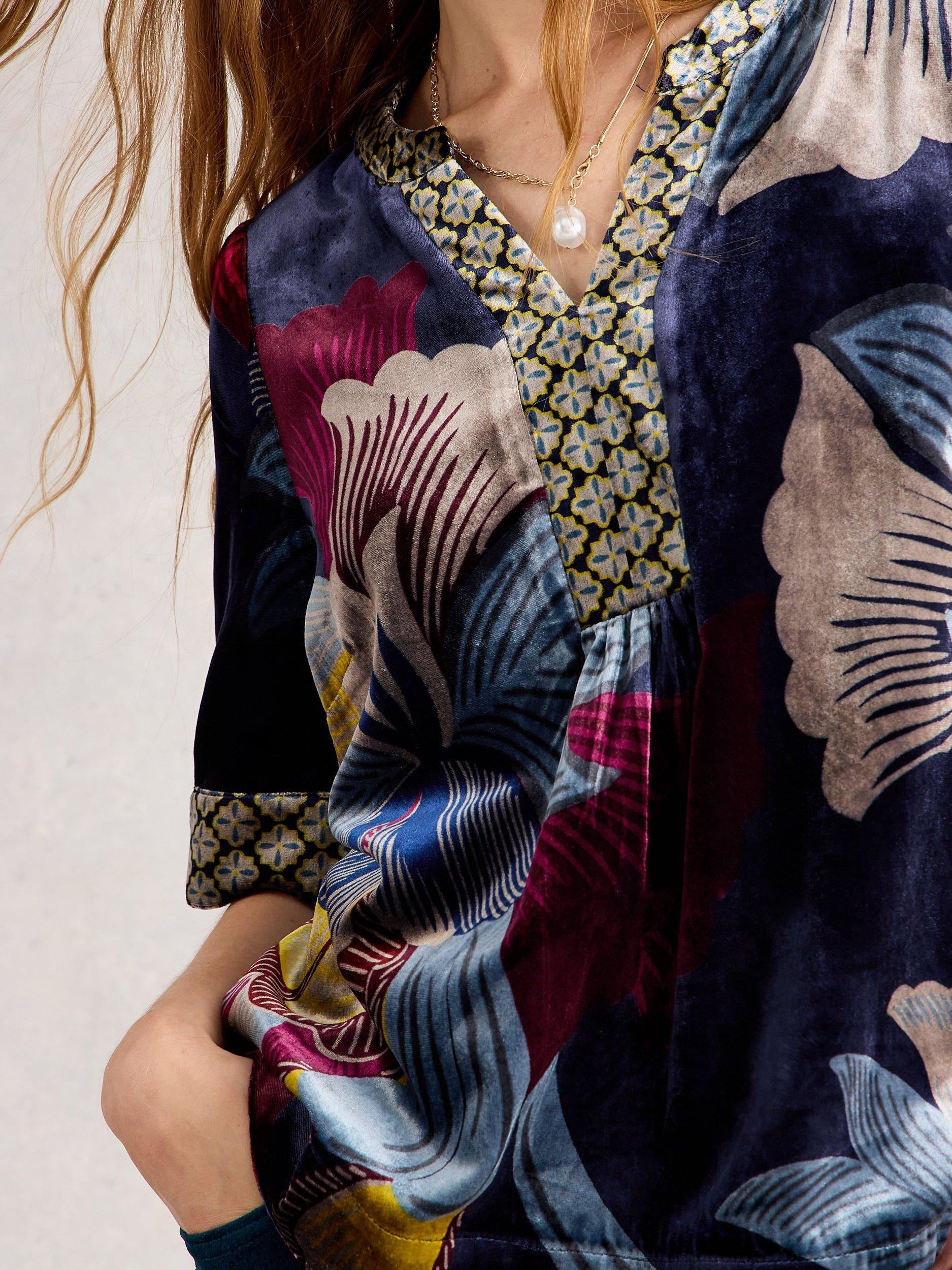 Product image 3 of 6, which shows White Stuff Ash Floral Swirl Print Velvet Top , Navy/Multi, 8