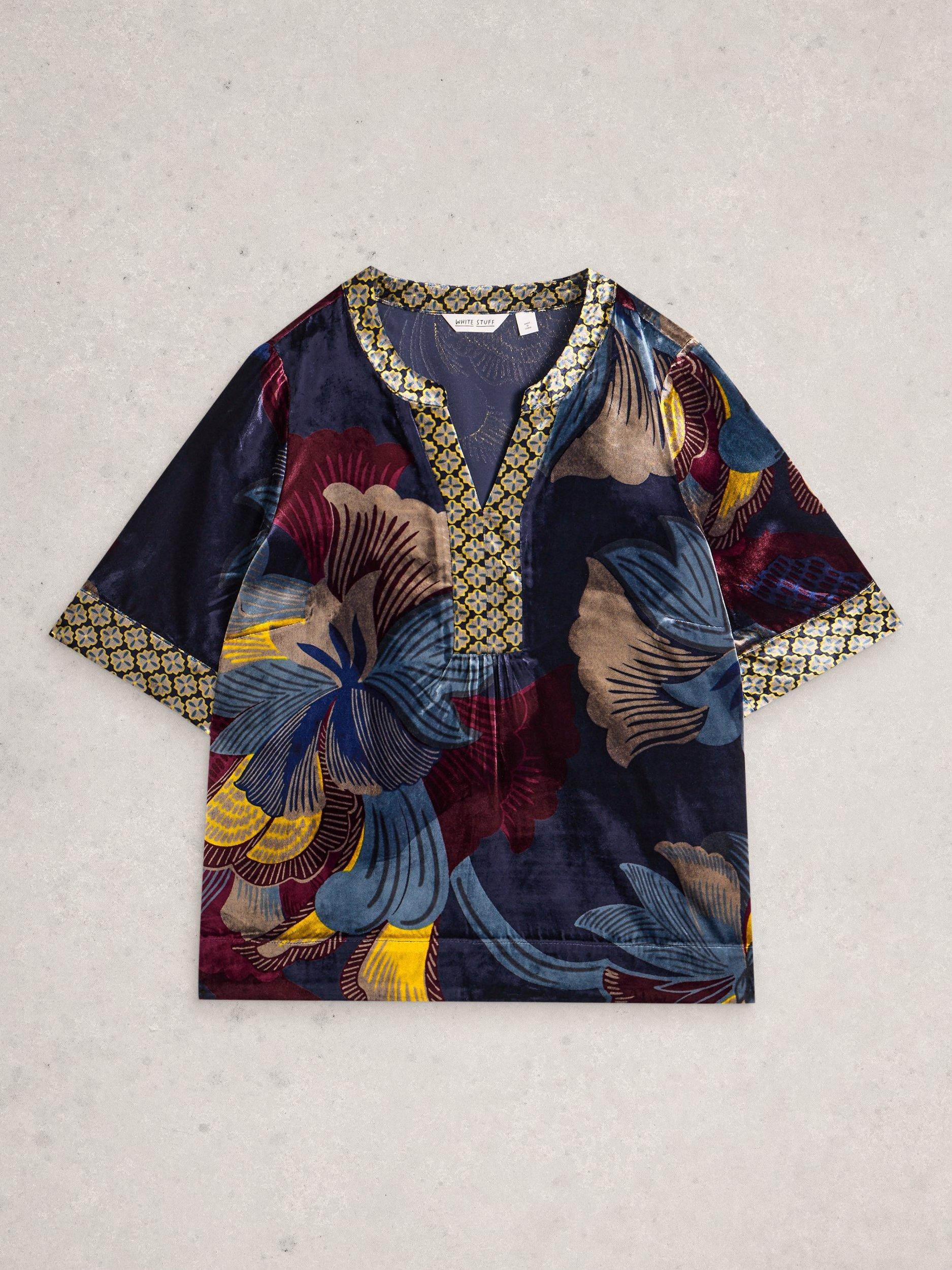 Product image 5 of 6, which shows White Stuff Ash Floral Swirl Print Velvet Top , Navy/Multi, 8