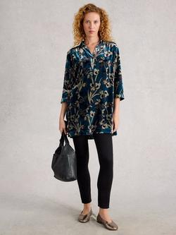 White Stuff Blake Velvet Floral Print Collared Tunic, Blue/Multi