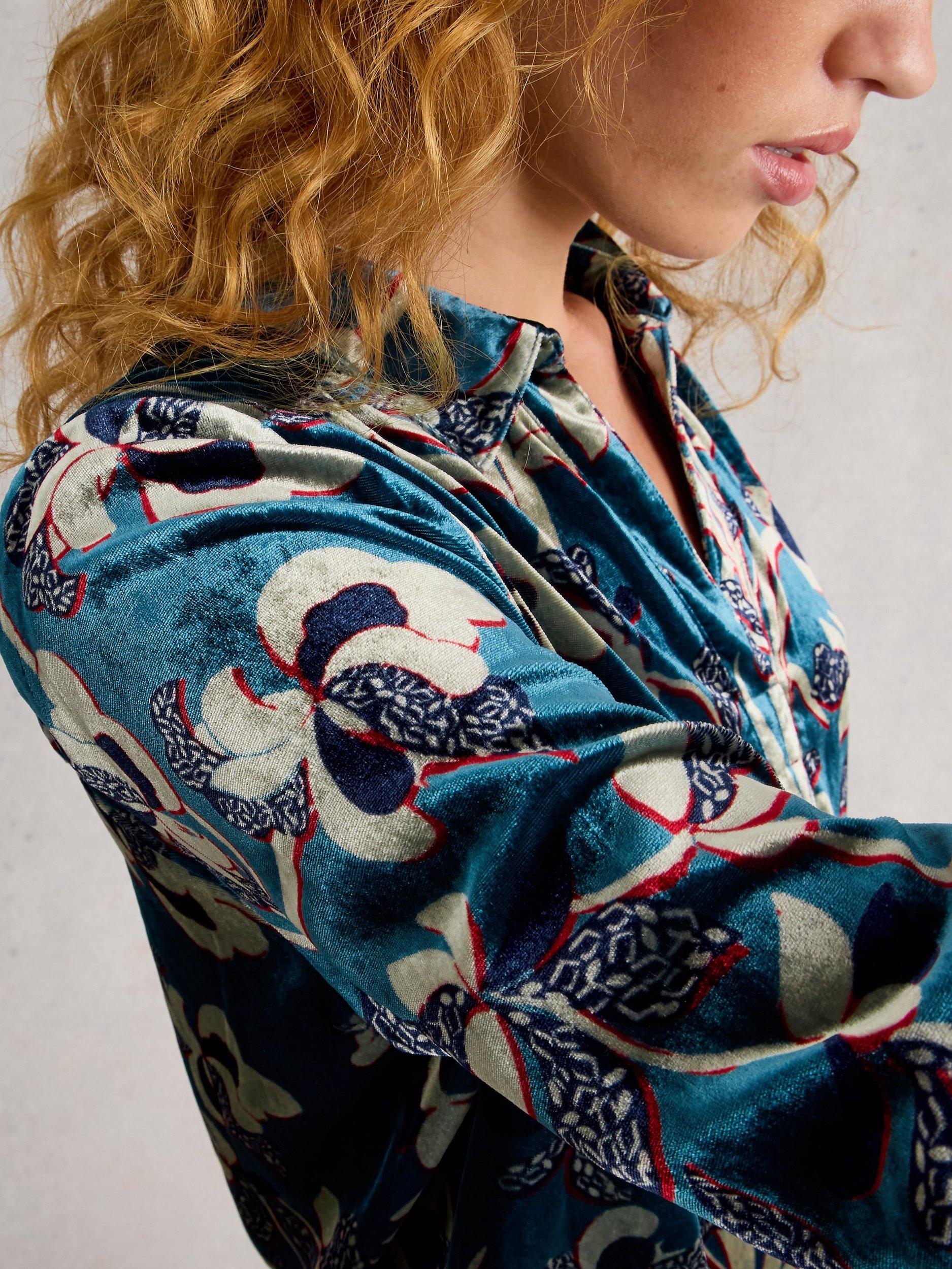 Product image 3 of 6, which shows White Stuff Blake Velvet Floral Print Collared Tunic, Blue/Multi, 6