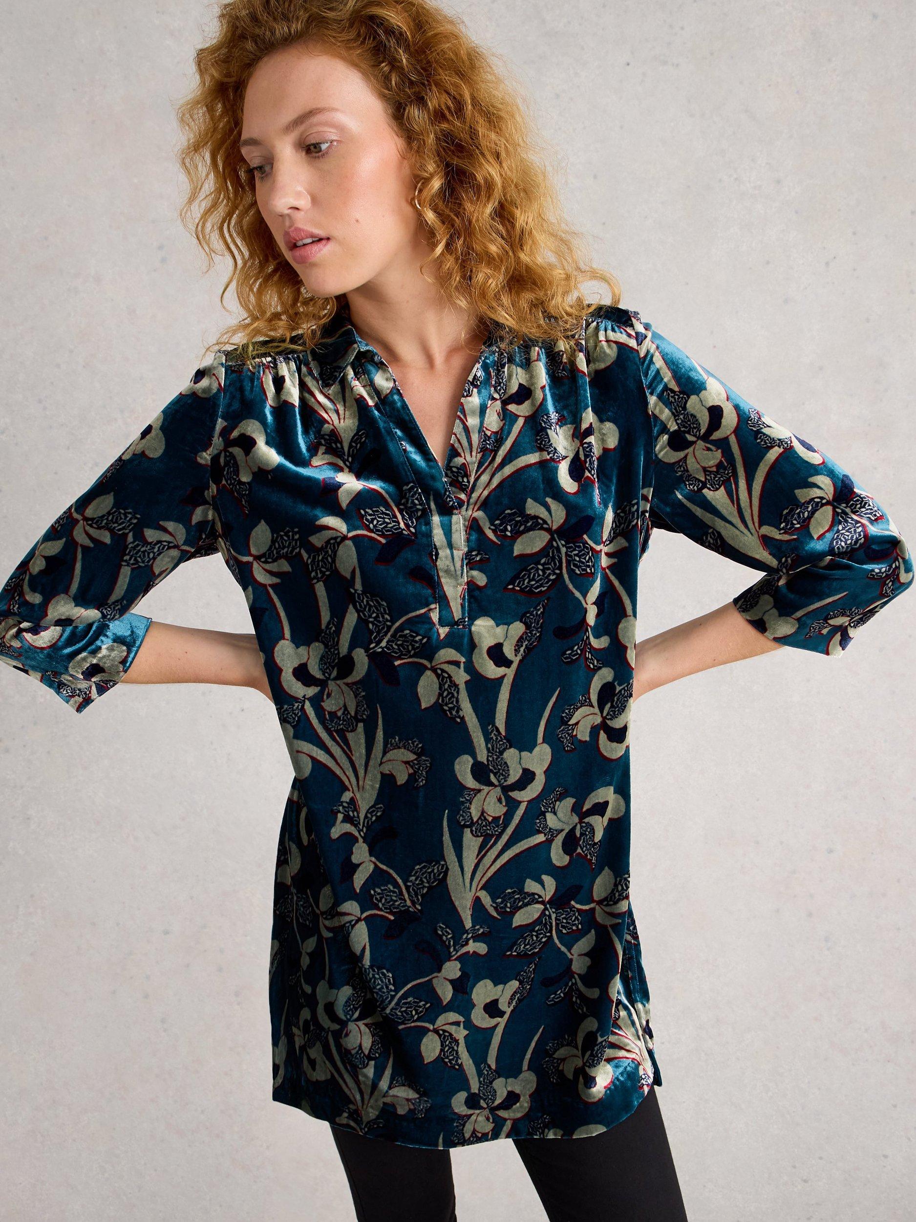 Product image 4 of 6, which shows White Stuff Blake Velvet Floral Print Collared Tunic, Blue/Multi, 6