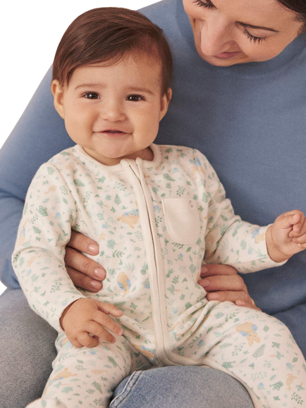 MORI Baby Cotton Blend Clever Zip Sleepsuit, Peter Rabbit Print - view 2, Peter Rabbit Print
