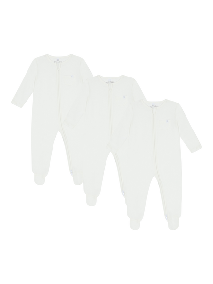 MORI Baby Cotton Blend Clever Zip Sleepsuit, Pack of 3, White, White