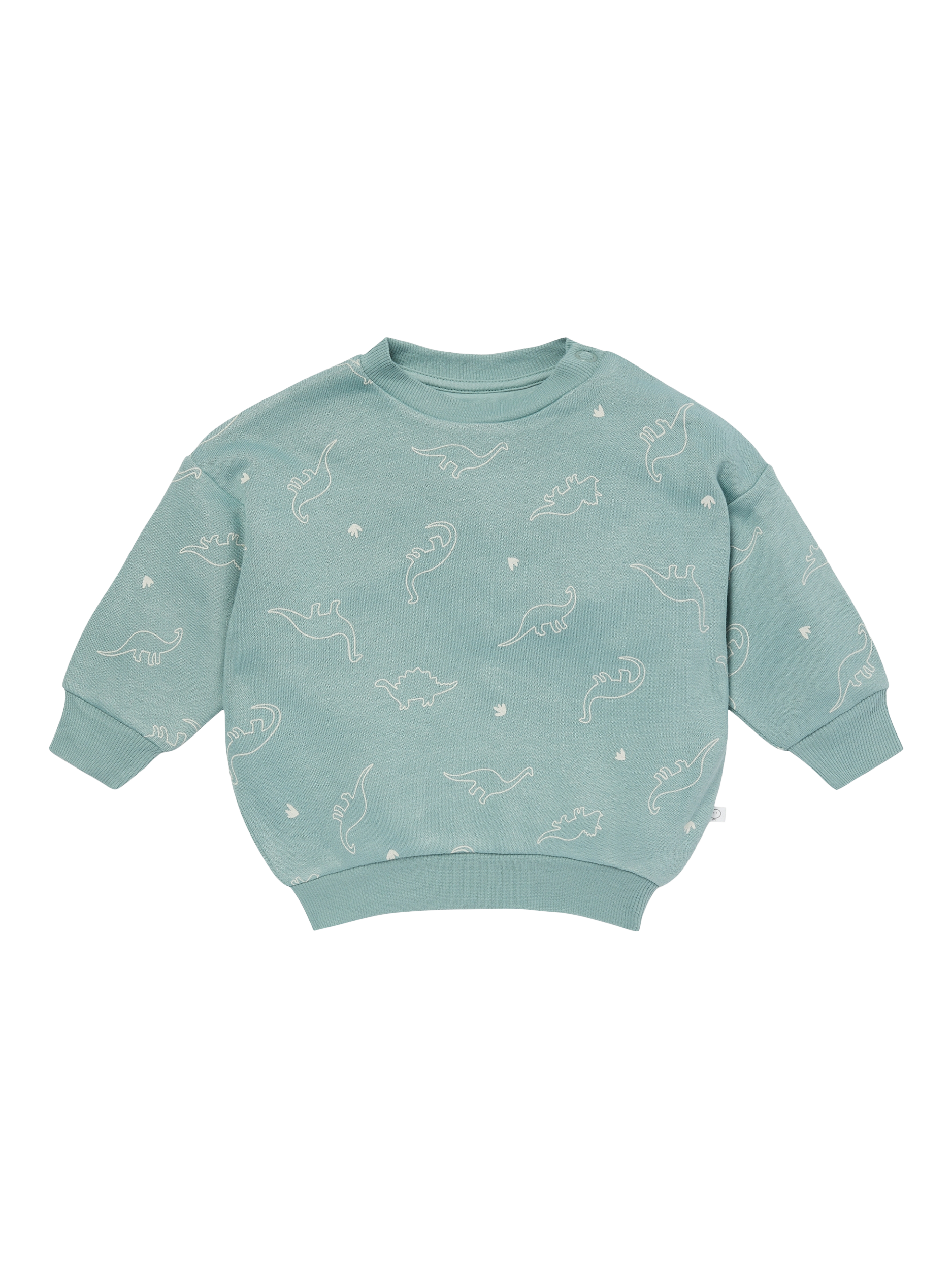 Product image 1 of 3, which shows MORI Baby Cotton Blend Sweatshirt, Mint Dino Print, 6-9 months