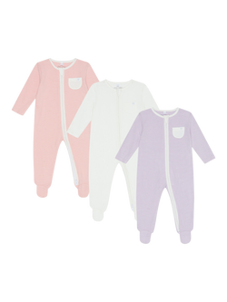 MORI Baby Cotton Blend Clever Zip Sleepsuit, Pack of 3, Pink/Lilac/White, Pink/Lilac/White