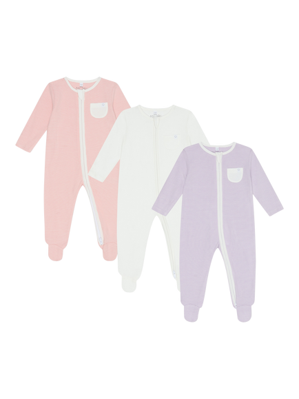 MORI Baby Cotton Blend Clever Zip Sleepsuit, Pack of 3, Pink/Lilac/White, Pink/Lilac/White