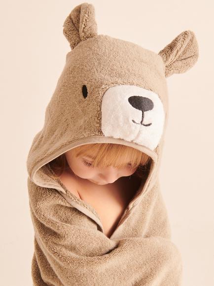 MORI Baby Cotton Bear Hooded Toddler Towel, Taupe - view 2, Taupe