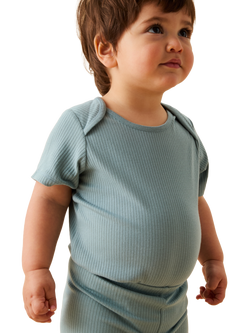 MORI Baby Cotton Blend Ribbed Short Sleeve Bodysuit, Sky - view 2, Sky