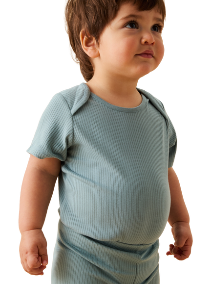 MORI Baby Cotton Blend Ribbed Short Sleeve Bodysuit, Sky - view 2, Sky