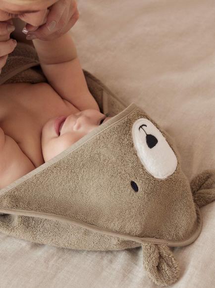 MORI Baby Cotton Bear Hooded Baby Towel, Taupe - view 2, Taupe