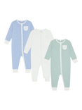 MORI Baby Cotton Blend Clever Zip Sleepsuit, Pack of 3, Blue/Green/White