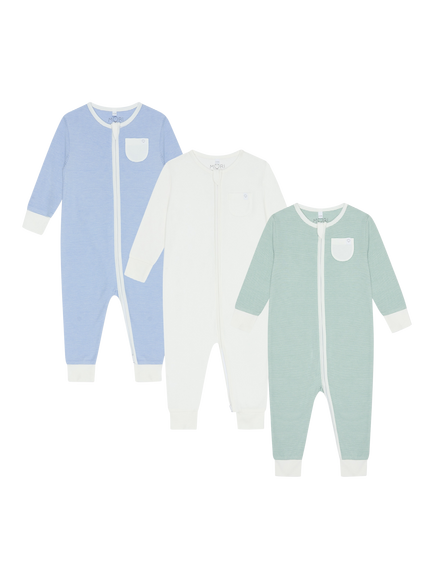 MORI Baby Cotton Blend Clever Zip Sleepsuit, Pack of 3, Blue/Green/White, Blue/Green/White