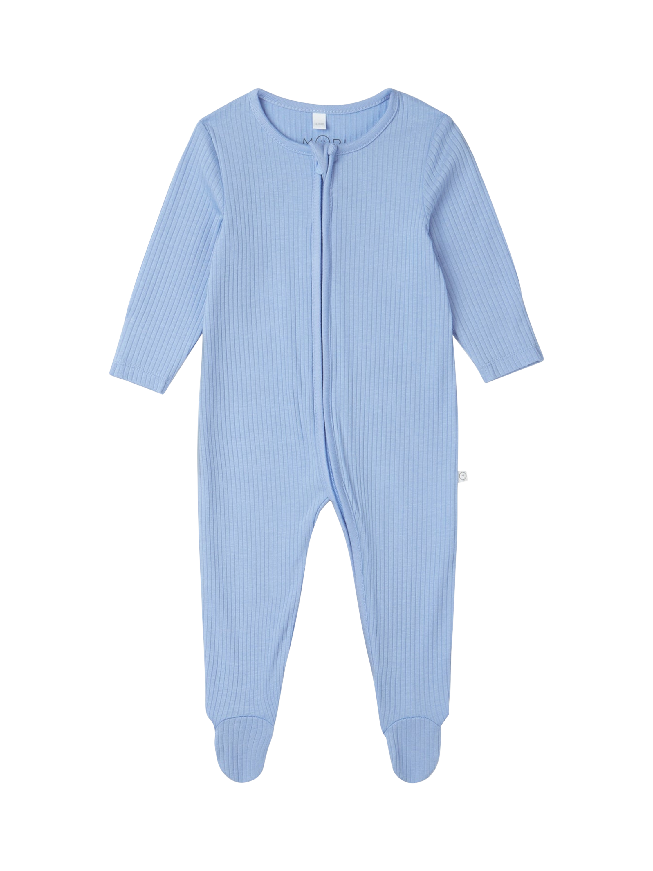 Product image 1 of 6, which shows MORI Baby Ribbed Sleepsuit, Hydrangea, 3-6 months