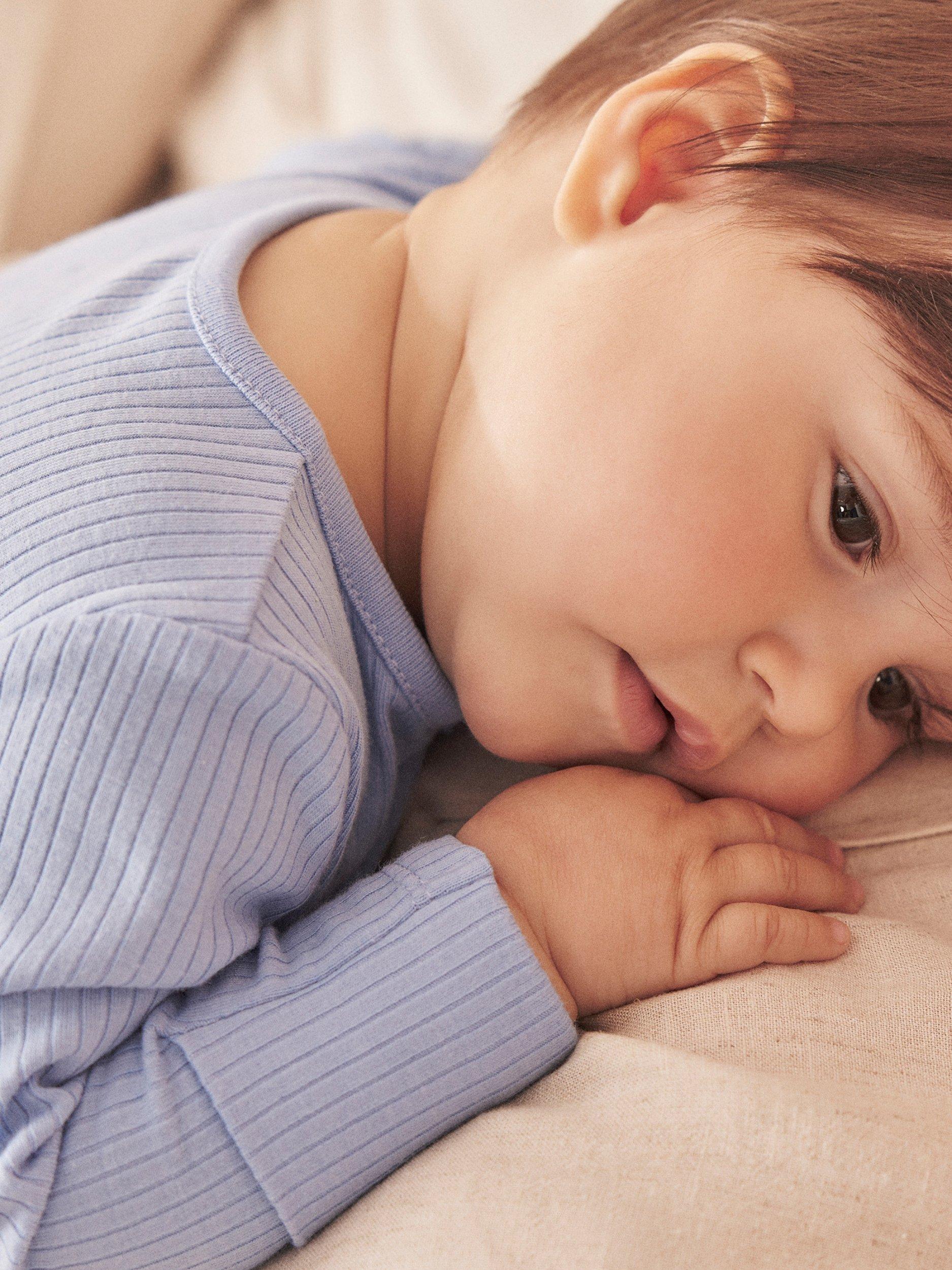 Product image 2 of 6, which shows MORI Baby Ribbed Sleepsuit, Hydrangea, 3-6 months