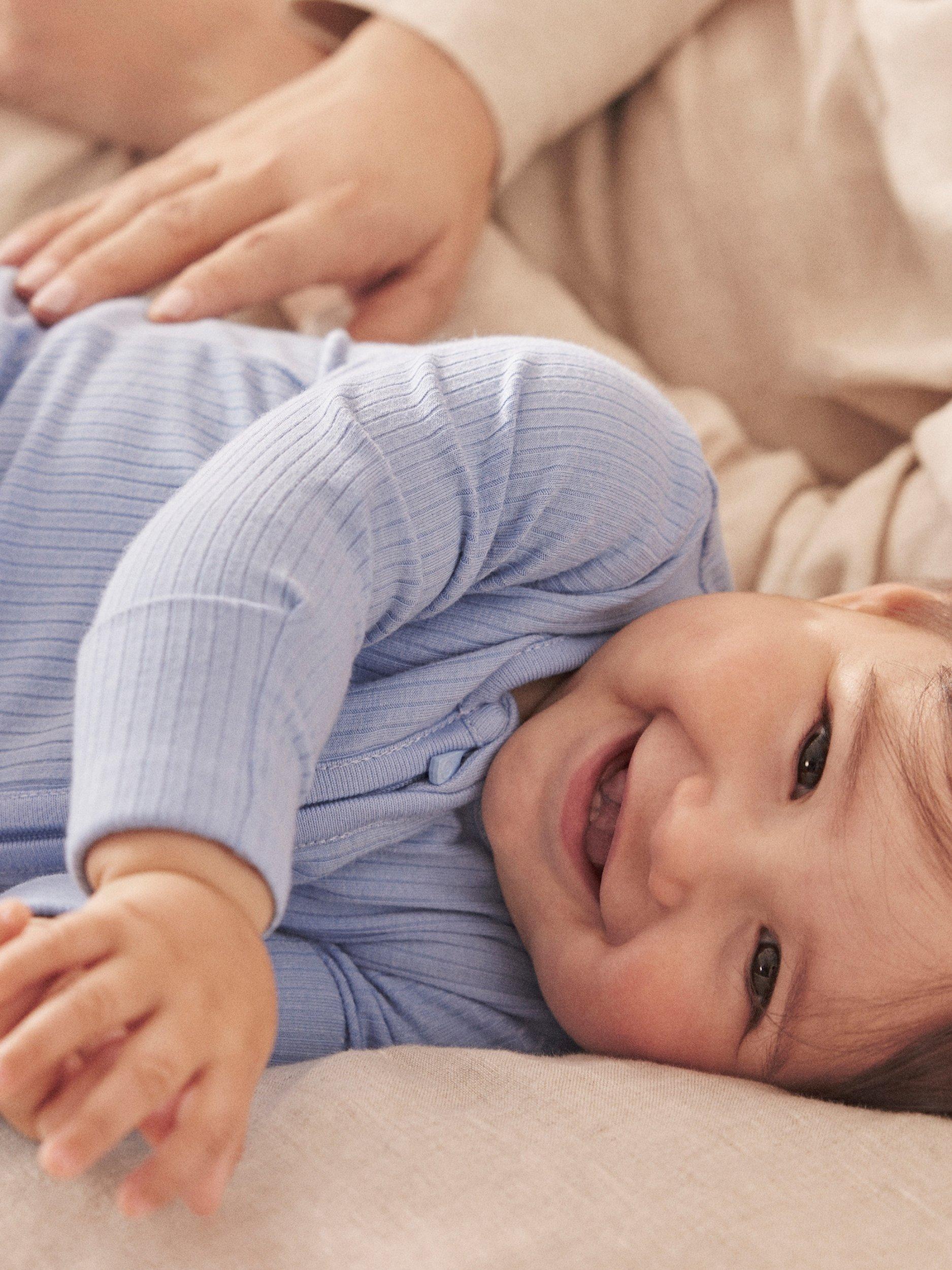 Product image 4 of 6, which shows MORI Baby Ribbed Sleepsuit, Hydrangea, 3-6 months