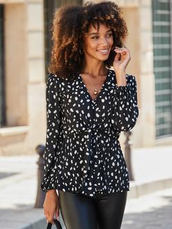 Sosandar Geometric Spot Tie Front Plisse Top, Black/White, Black/White
