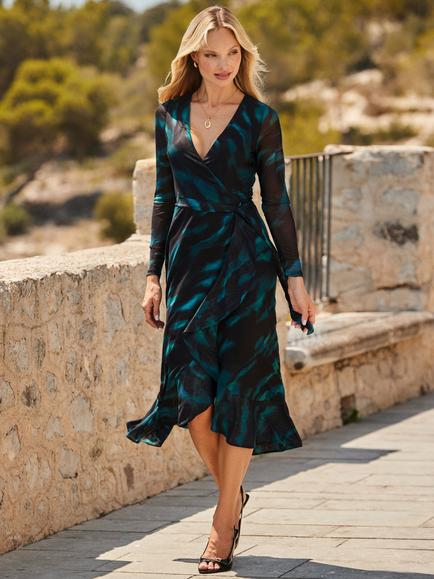 Sosandar Abstract Print Ruffle Hem Wrap Dress, Black/Blue - view 2, Black/Blue