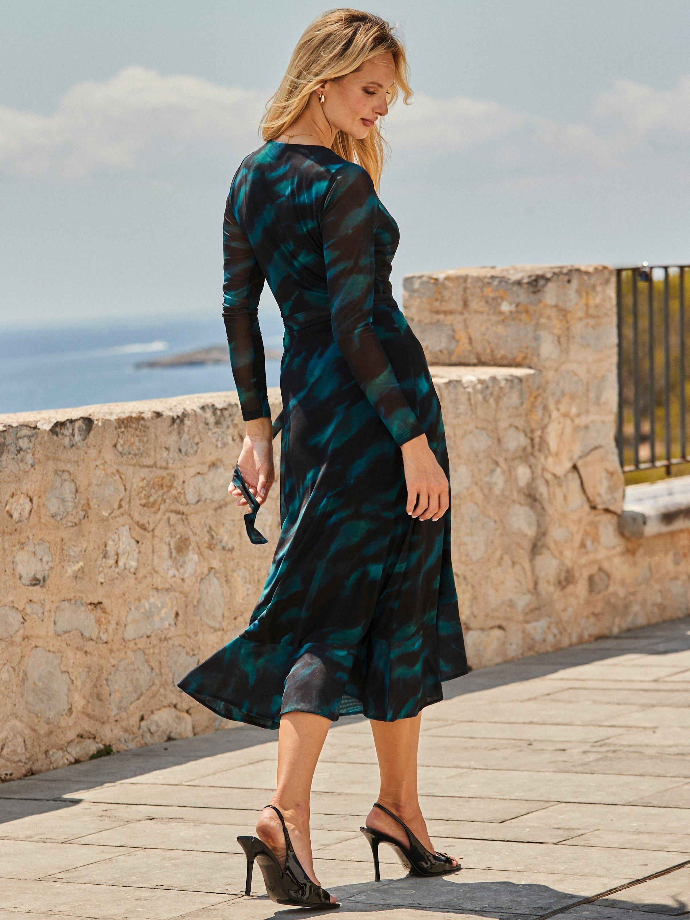 Product image 4 of 5, which shows Sosandar Abstract Print Ruffle Hem Wrap Dress, Black/Blue, 6