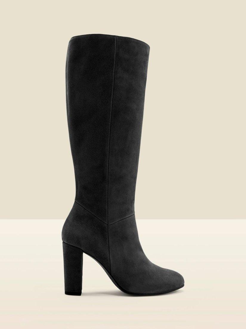 Product image 1 of 5, which shows Sosandar Heeled Knee High Suede Boots, Black, 7
