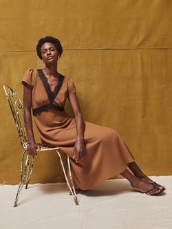 Ro&Zo Petite Caramel Lace Trim Midi Tea Dress - view 2, Brown