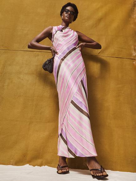 Ro&Zo Petite Phoebe Stripe Cowl Neck Satin Dress, Pink