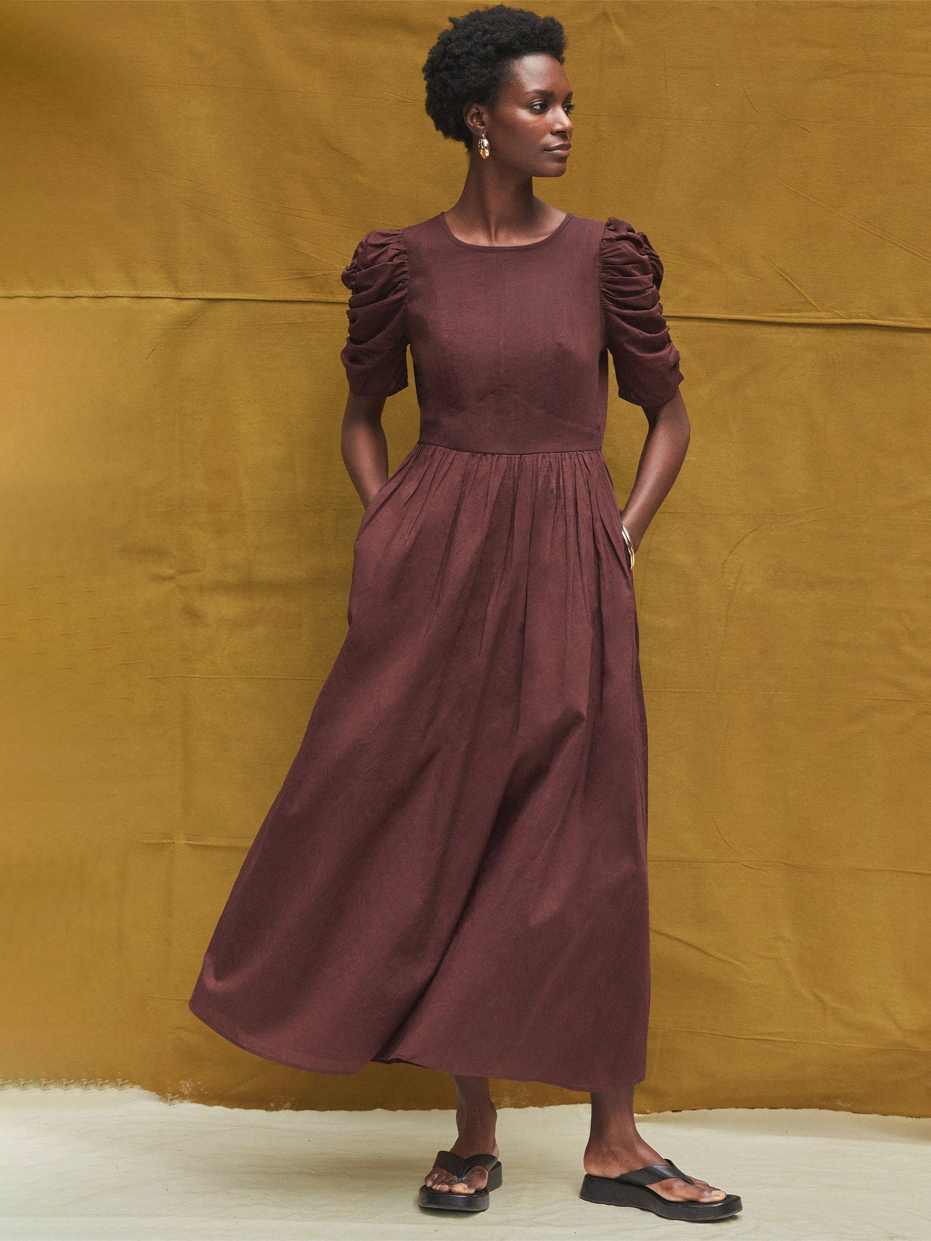 Product image 1 of 3, which shows Ro&Zo Ruched Puff Sleeve Midi Dress, Brown, 10