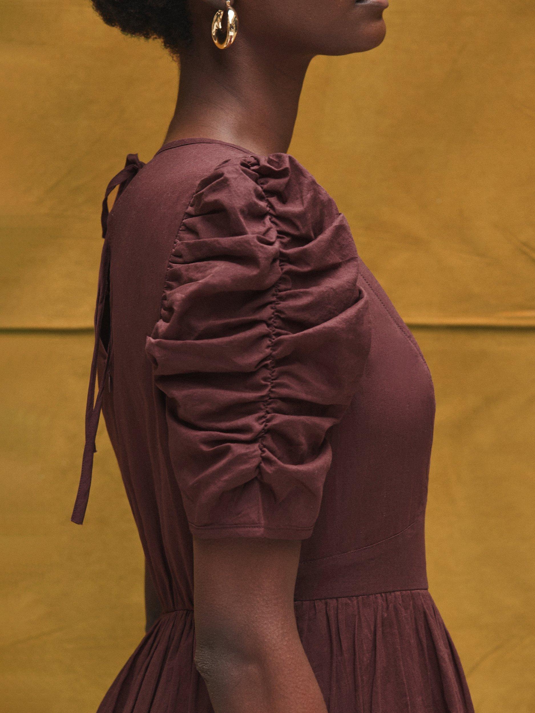 Product image 2 of 3, which shows Ro&Zo Ruched Puff Sleeve Midi Dress, Brown, 10