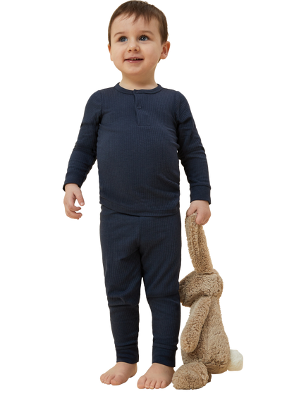 MORI Baby Ribbed Cotton Blend Long Sleeved Pyjamas, Navy - view 2, Navy