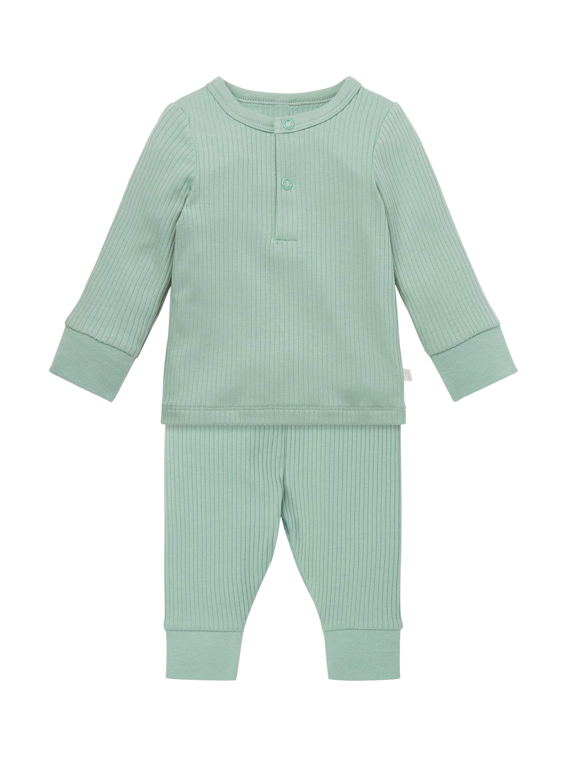 Product image 1 of 2, which shows MORI Baby Ribbed Cotton Blend Long Sleeved Pyjamas, Mint, 3-6 months