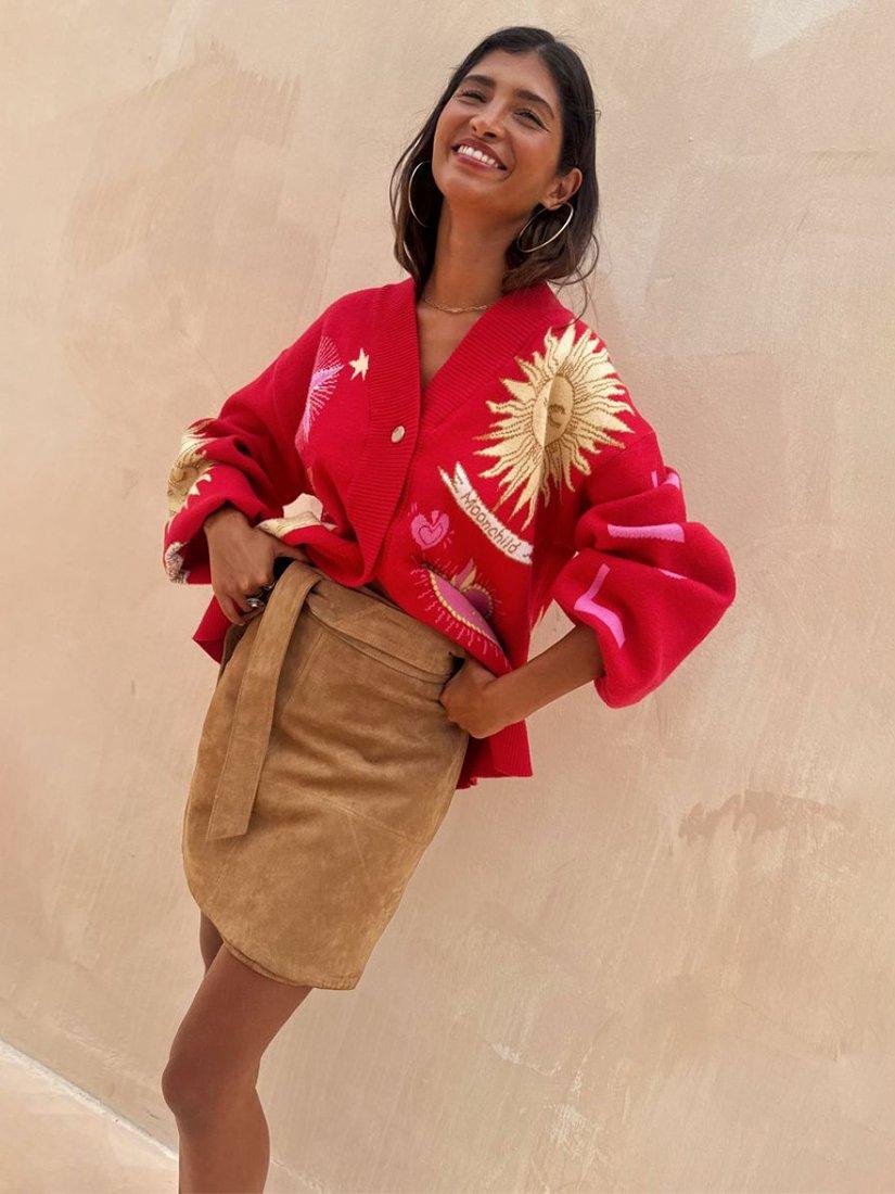 Product image 1 of 2, which shows Never Fully Dressed Mystical Motif Cardigan, Red/Multi, XS