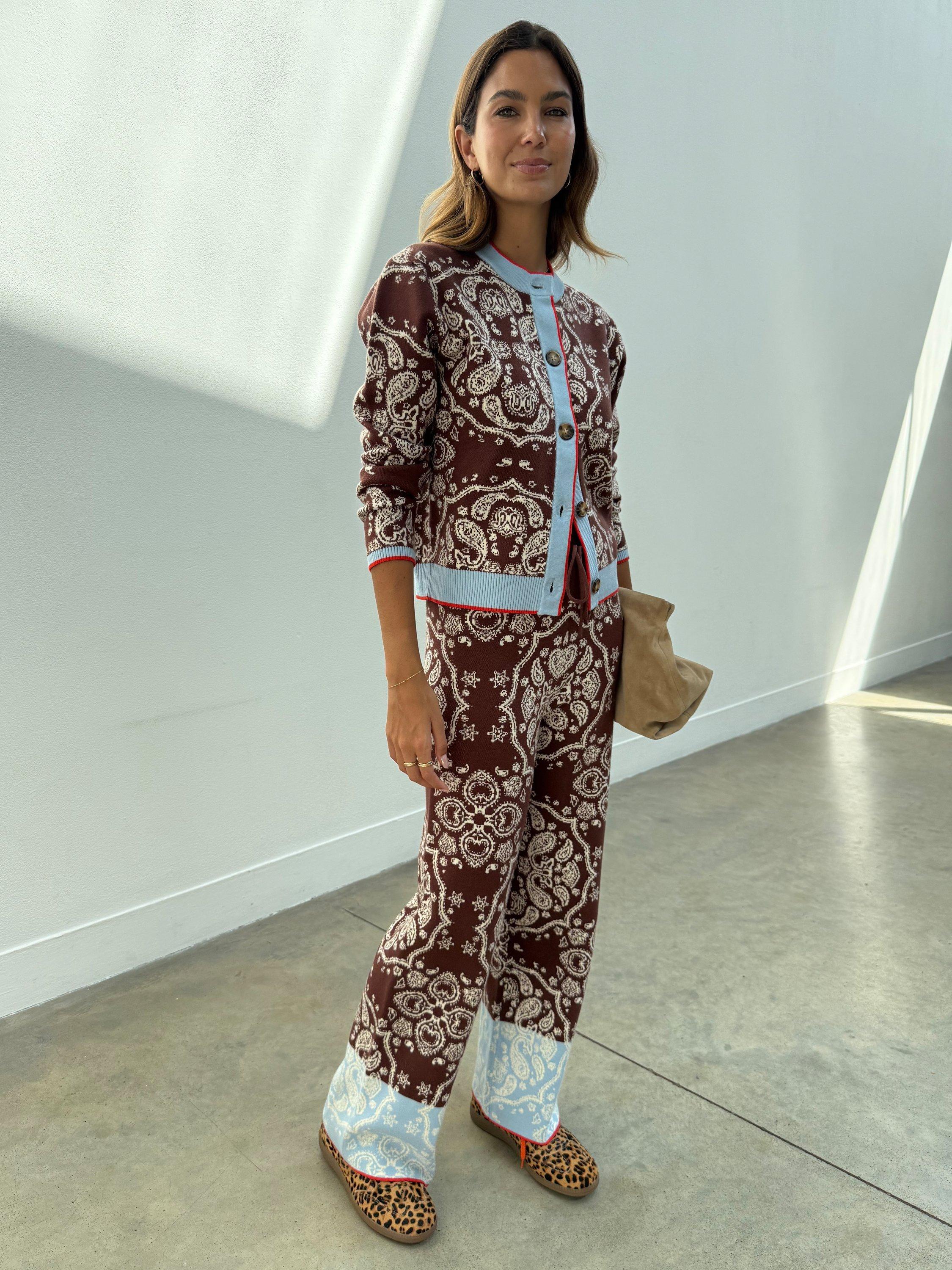 Product image 1 of 6, which shows Never Fully Dressed Holly Bandana Cardigan, Brown/Multi, XS