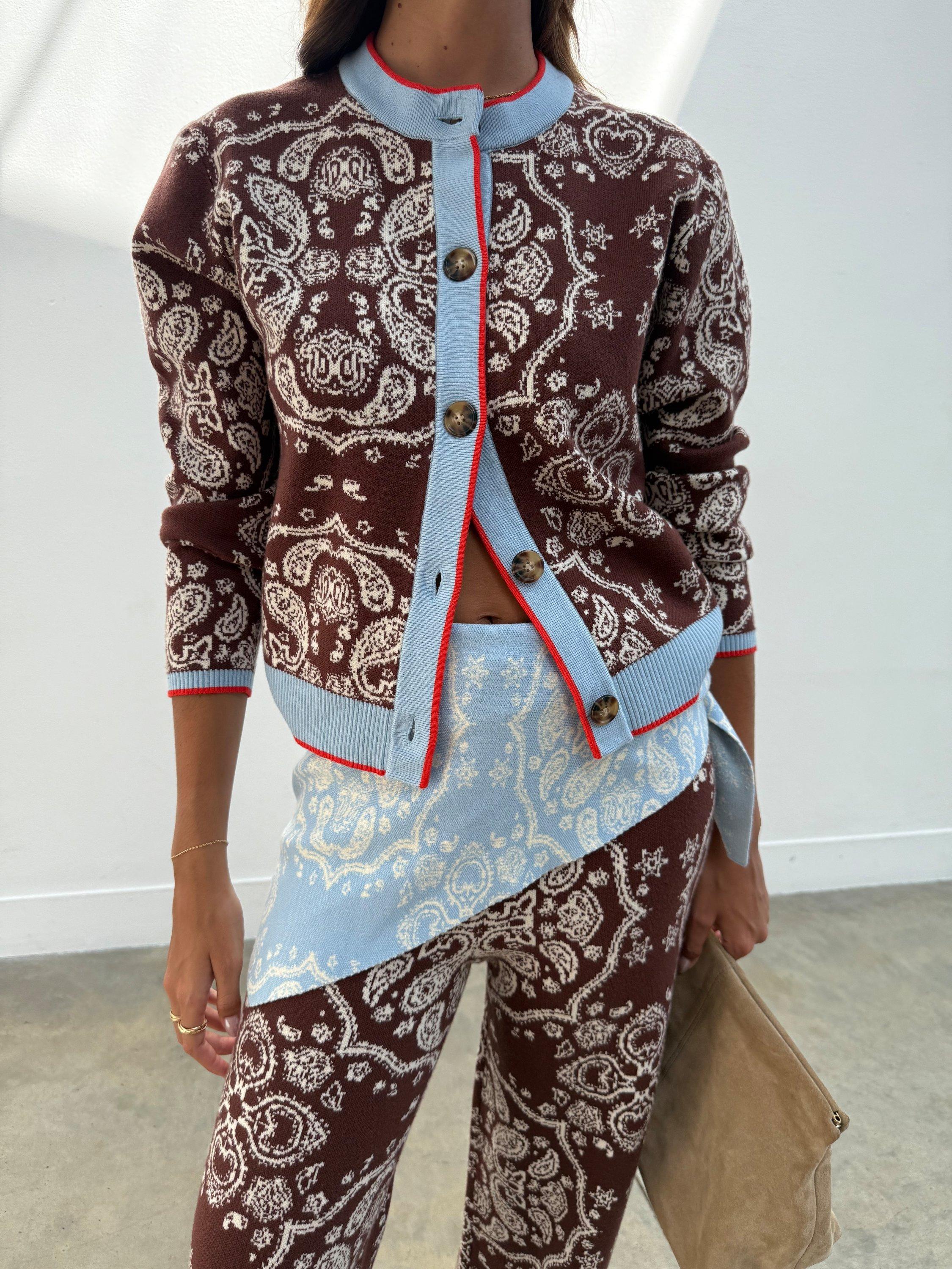 Product image 3 of 6, which shows Never Fully Dressed Holly Bandana Cardigan, Brown/Multi, XS