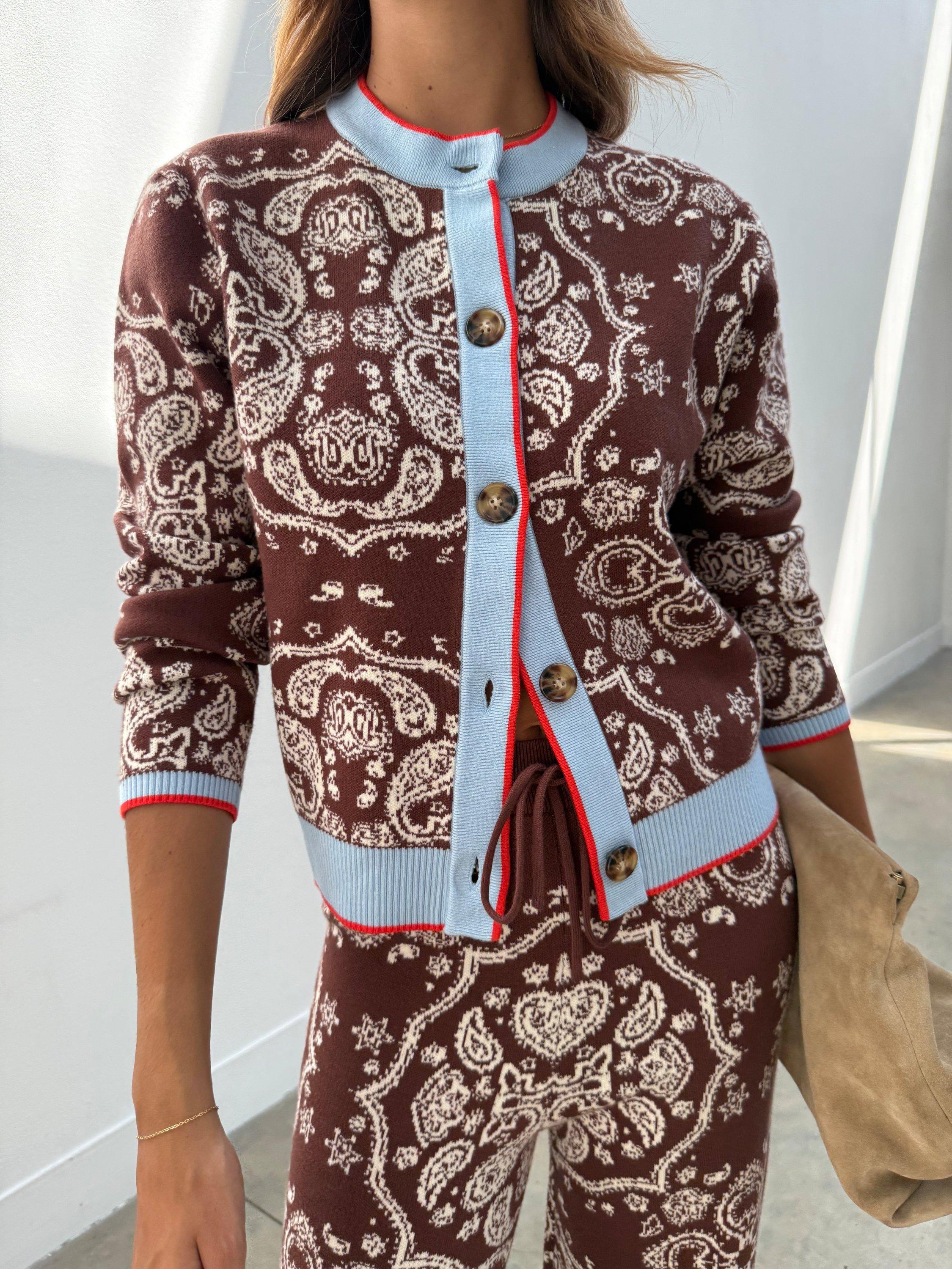 Product image 4 of 6, which shows Never Fully Dressed Holly Bandana Cardigan, Brown/Multi, XS