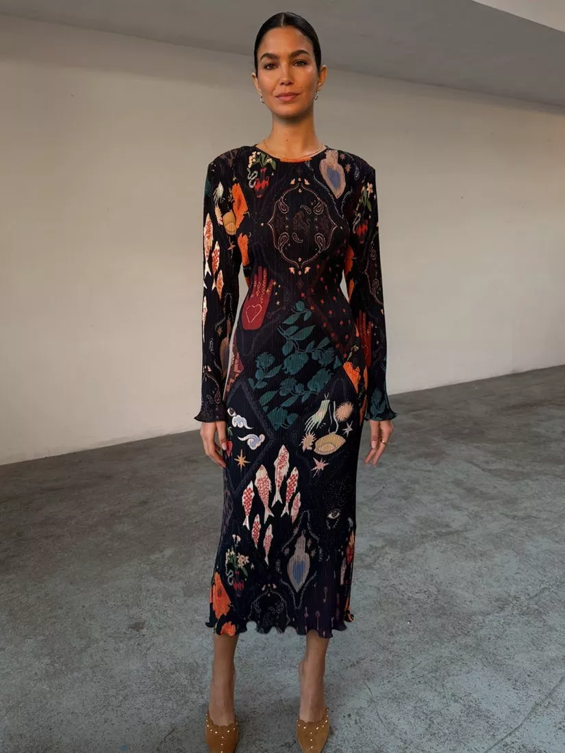 Never Fully Dressed Print Self Tie Long Sleeve Round Neck