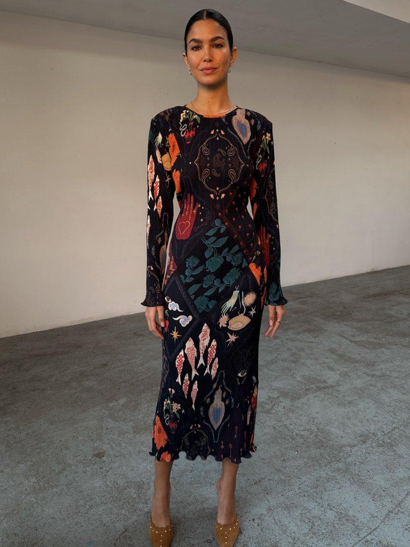 Never Fully Dressed Print Self Tie Long Sleeve Round Neck Bodycon