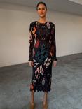 Never Fully Dressed Print Self Tie Long Sleeve Round Neck Bodycon Midi Dress