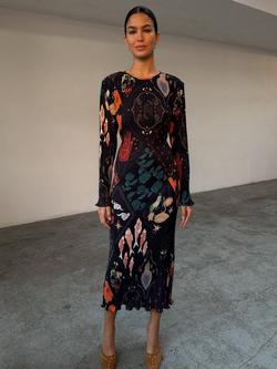 Never Fully Dressed Print Self Tie Long Sleeve Round Neck Bodycon Midi Dress, Black