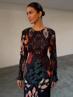 Never Fully Dressed Print Self Tie Long Sleeve Round Neck Bodycon Midi Dress - view 2, Black