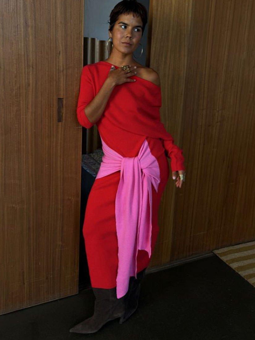 Product image 2 of 6, which shows Never Fully Dressed Afia Colour Block Midi Dress, Red, XS