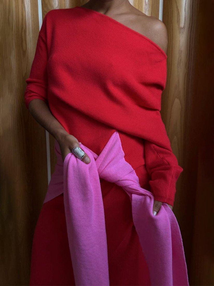 Product image 3 of 6, which shows Never Fully Dressed Afia Colour Block Midi Dress, Red, XS