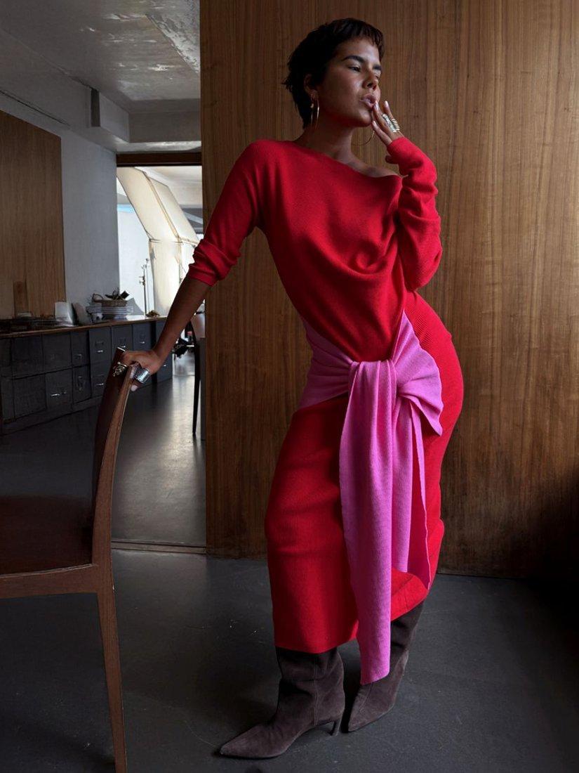 Product image 4 of 6, which shows Never Fully Dressed Afia Colour Block Midi Dress, Red, XS