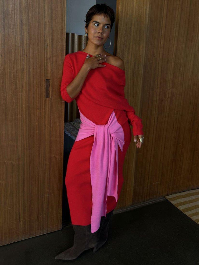 Product image 6 of 6, which shows Never Fully Dressed Afia Colour Block Midi Dress, Red, XS