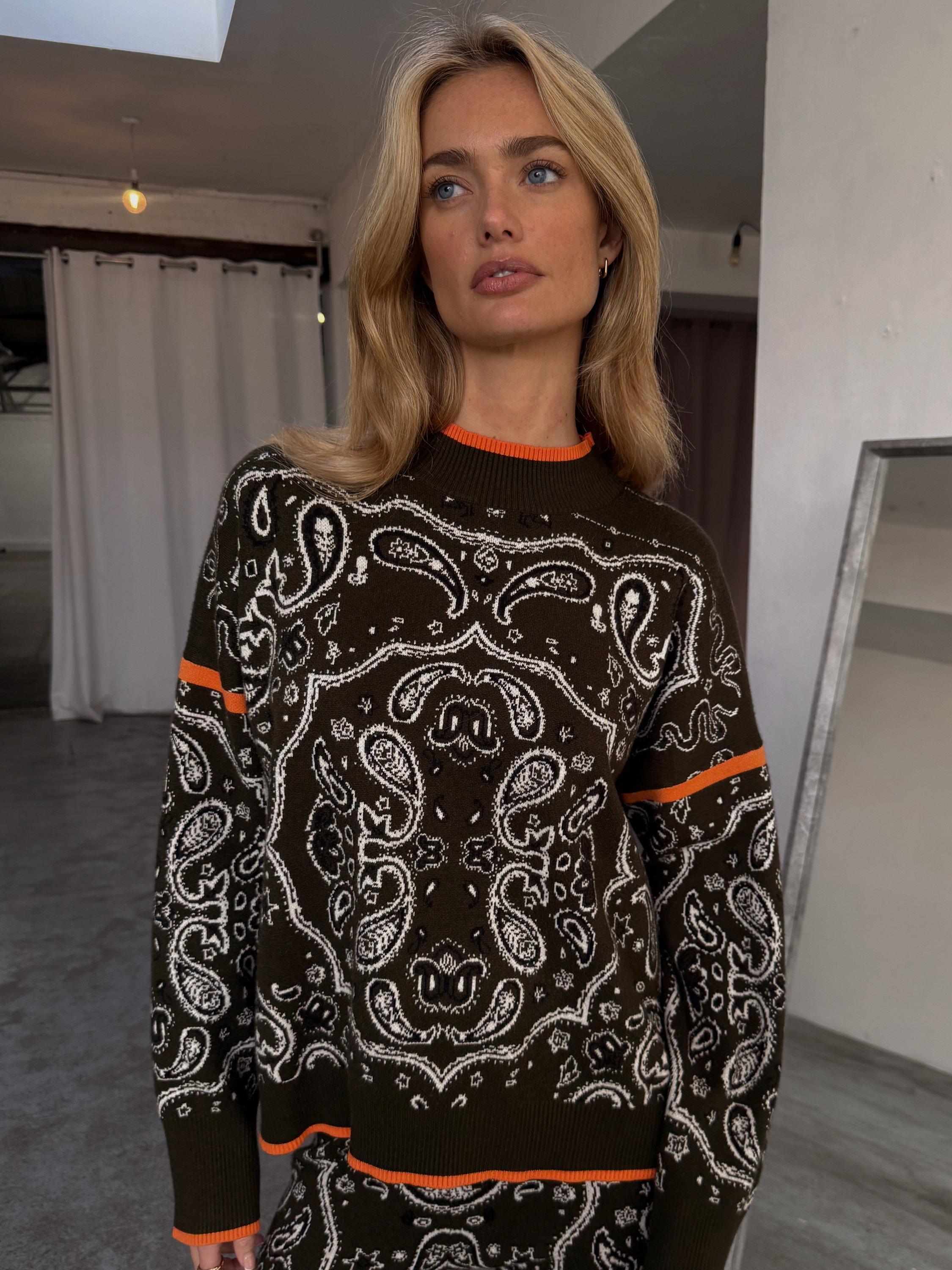 Product image 3 of 5, which shows Never Fully Dressed Dana Bandana Print Jumper, Khaki, XS