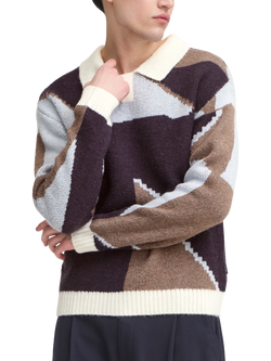 Casual Friday Birk Wool Blend Abstract Long Sleeve Polo Shirt, Brown/Multi