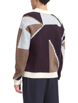 Casual Friday Birk Wool Blend Abstract Long Sleeve Polo Shirt - view 2, Brown/Multi