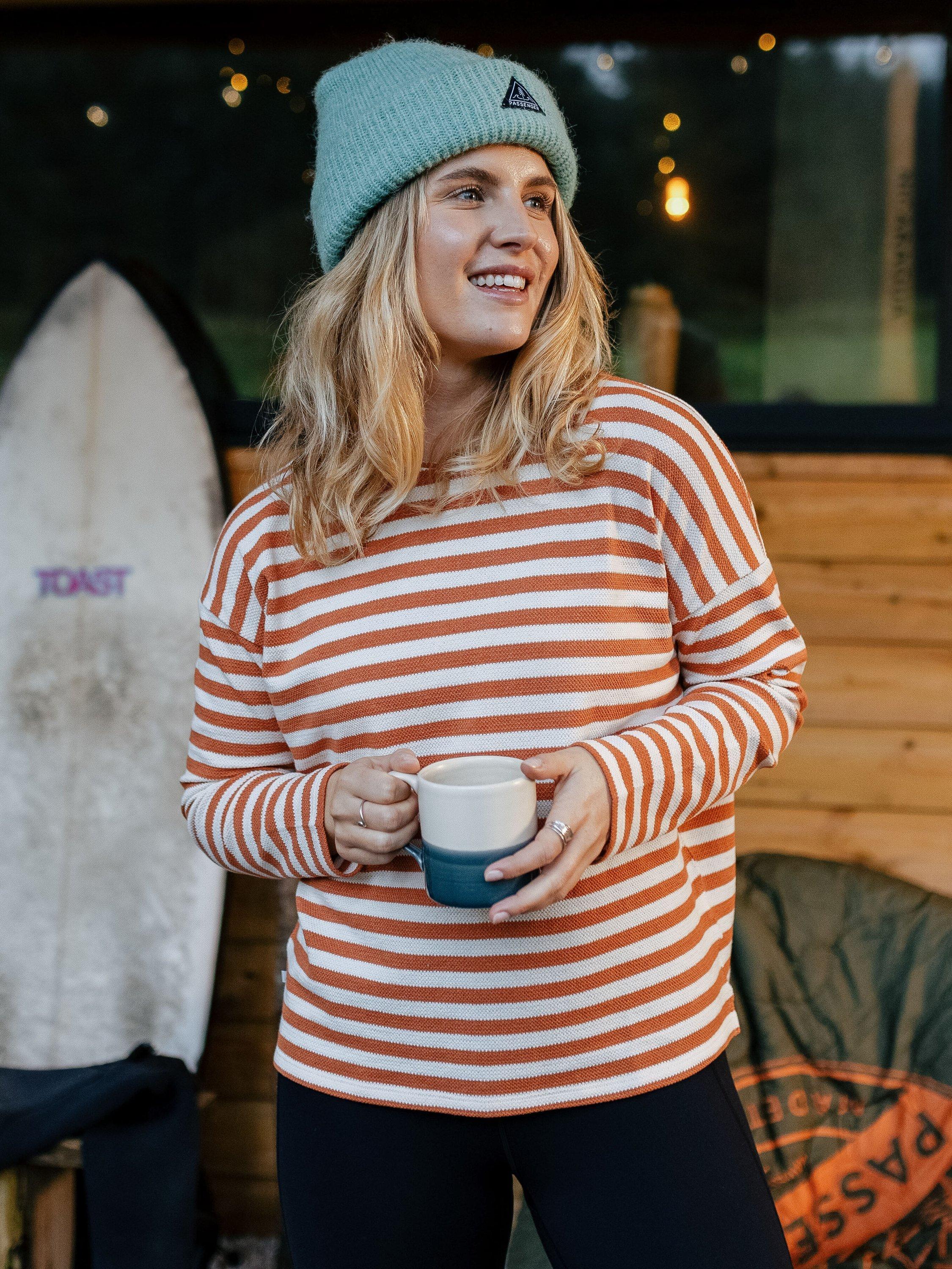 Product image 1 of 7, which shows Passenger Panorama Stripe Jersey Top, White/Orange, XS