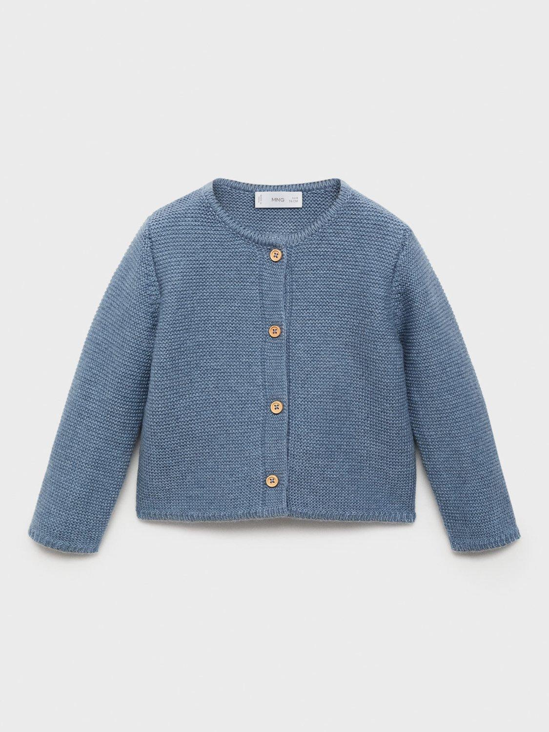 Product image 1 of 4, which shows Mango Baby Cotton Blend Long Sleeved Cardigan, Medium Blue, 1-3 months