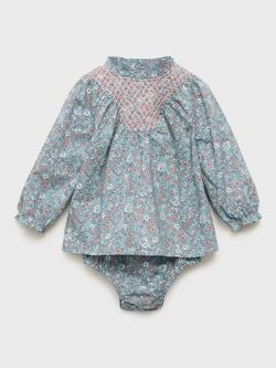 Mango Baby Cotton Long Sleeved Floral Dress, Medium Blue, Medium Blue